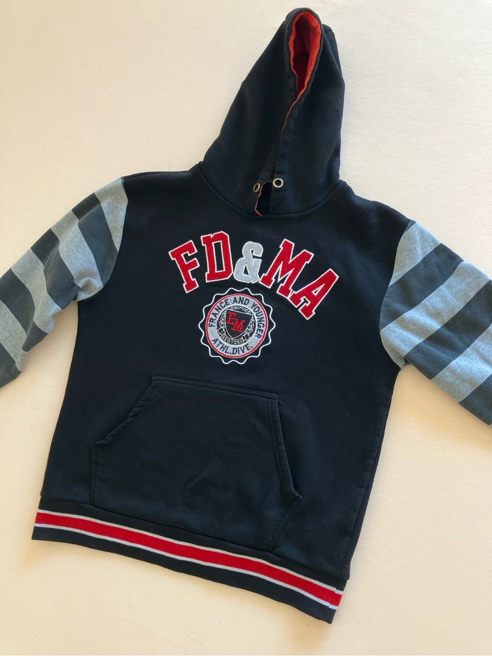 Men’s Navy Grey Striped Sleeve Pullover Hoodie Size M